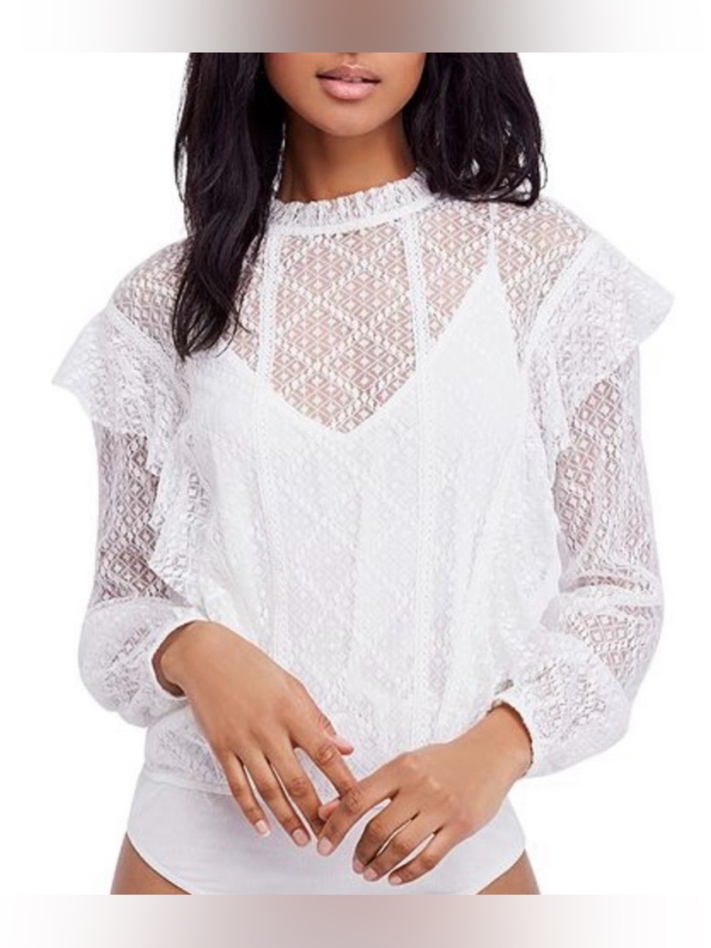Free People white bodysuit with lace and ruffles, size L